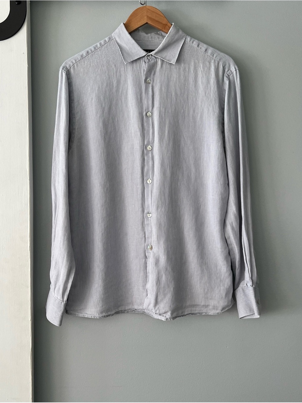 Emile Lafaurie Button Up Men’s Medium Blue White Thin Stripe Linen Cotton Shirt